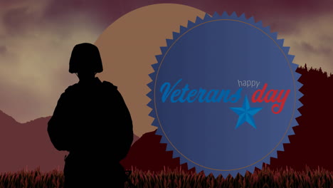 animación del texto del día de los veteranos sobre soldados estadounidenses y siluetas de montañas