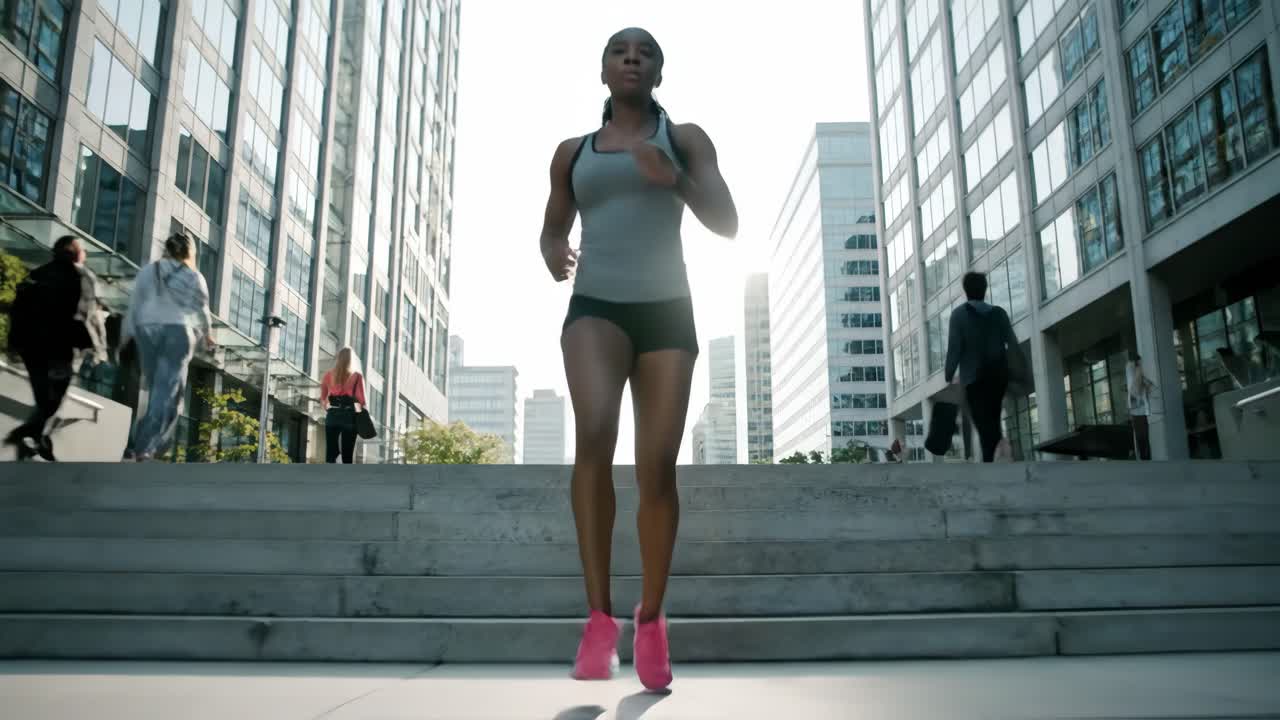 Woman running down steps in the city