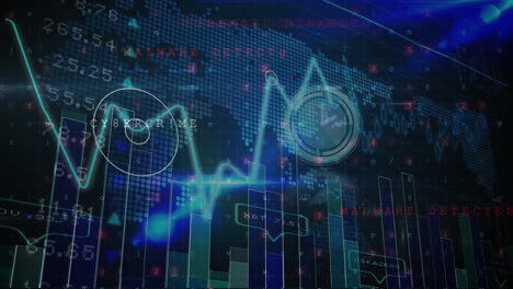 animación de estadísticas y procesamiento de datos financieros sobre el mapa del mundo