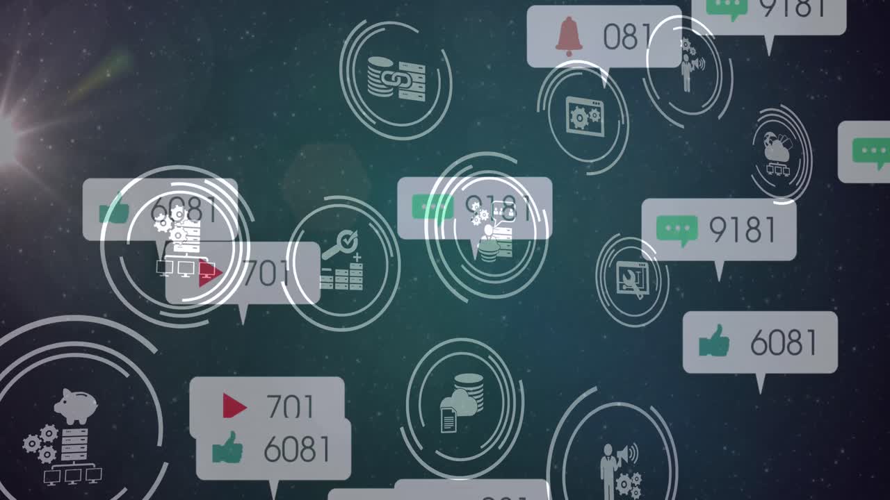 Animation of social media icons on banners over scopes scanning and data processing