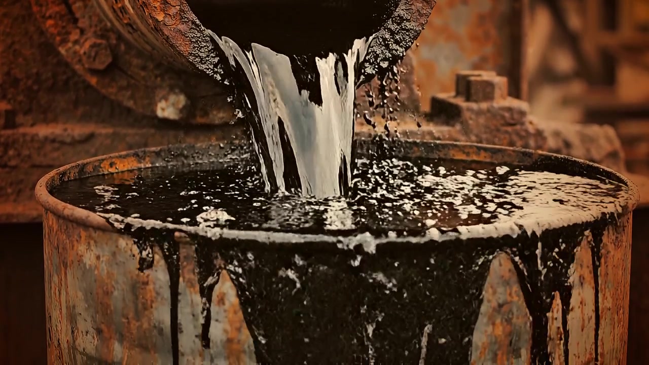 Olio denso e scuro che cola da un tubo arrugginito in un contenitore