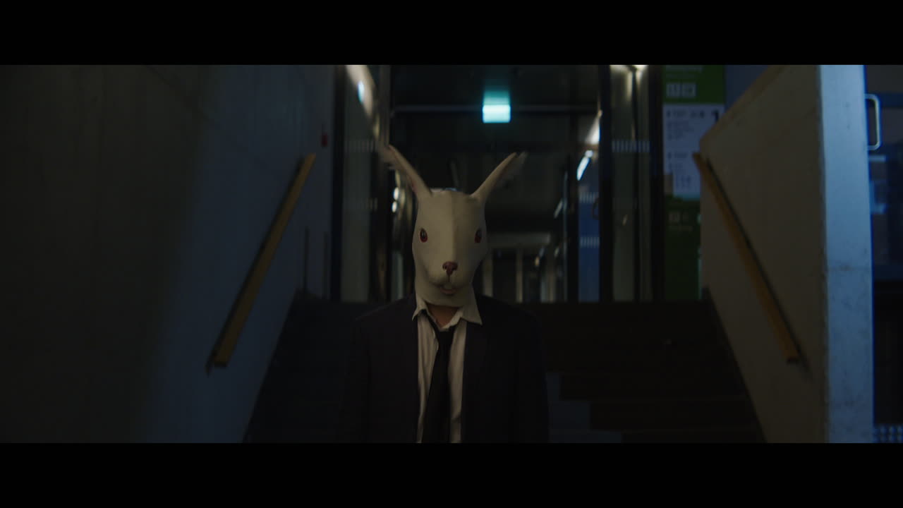 Man walking down a corridor with a rabbit head