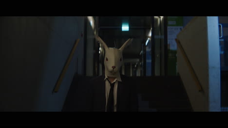 man walking down a corridor with a rabbit head
