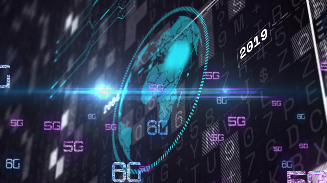 Animation of digital globe with 5G and 6G technology over binary code background