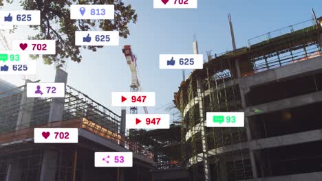 animation of social media icons and numbers on banners over construction site
