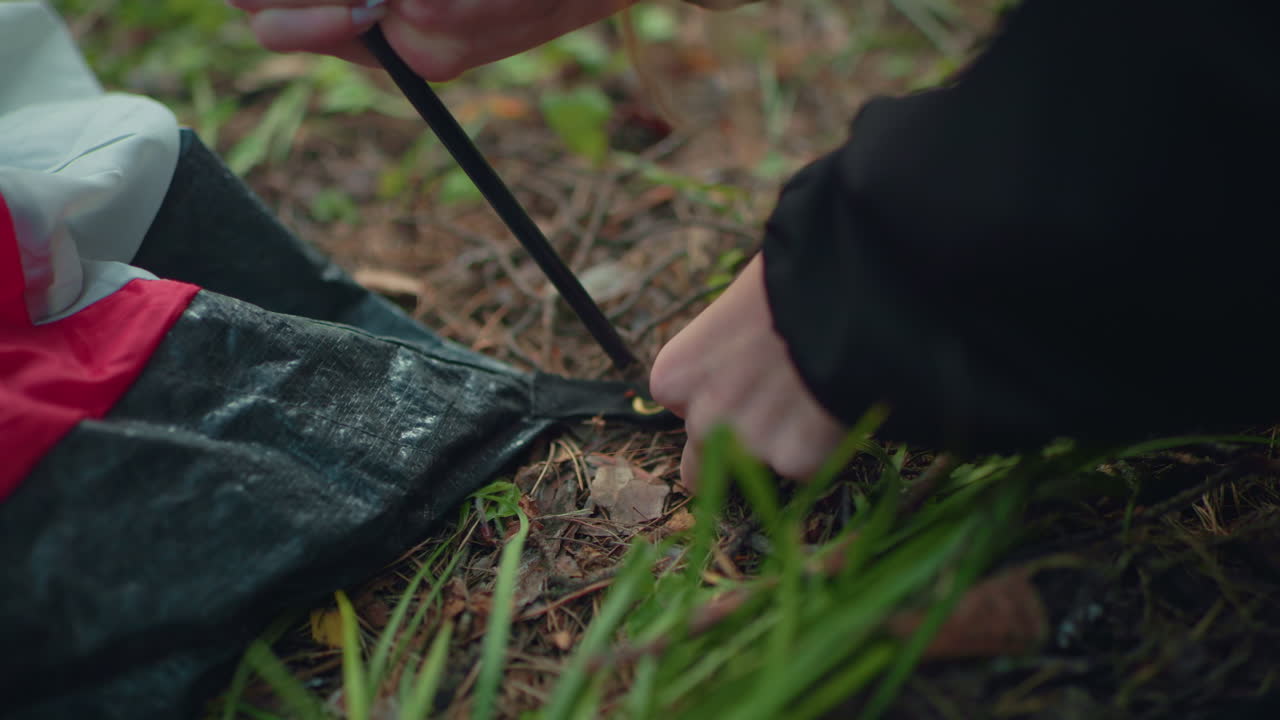 Close up of woman on forest floor picking up tent hook, forcing flexible pole through fabric hole and clipping gear into place, scene shows detailed motion of hands working on tent setup