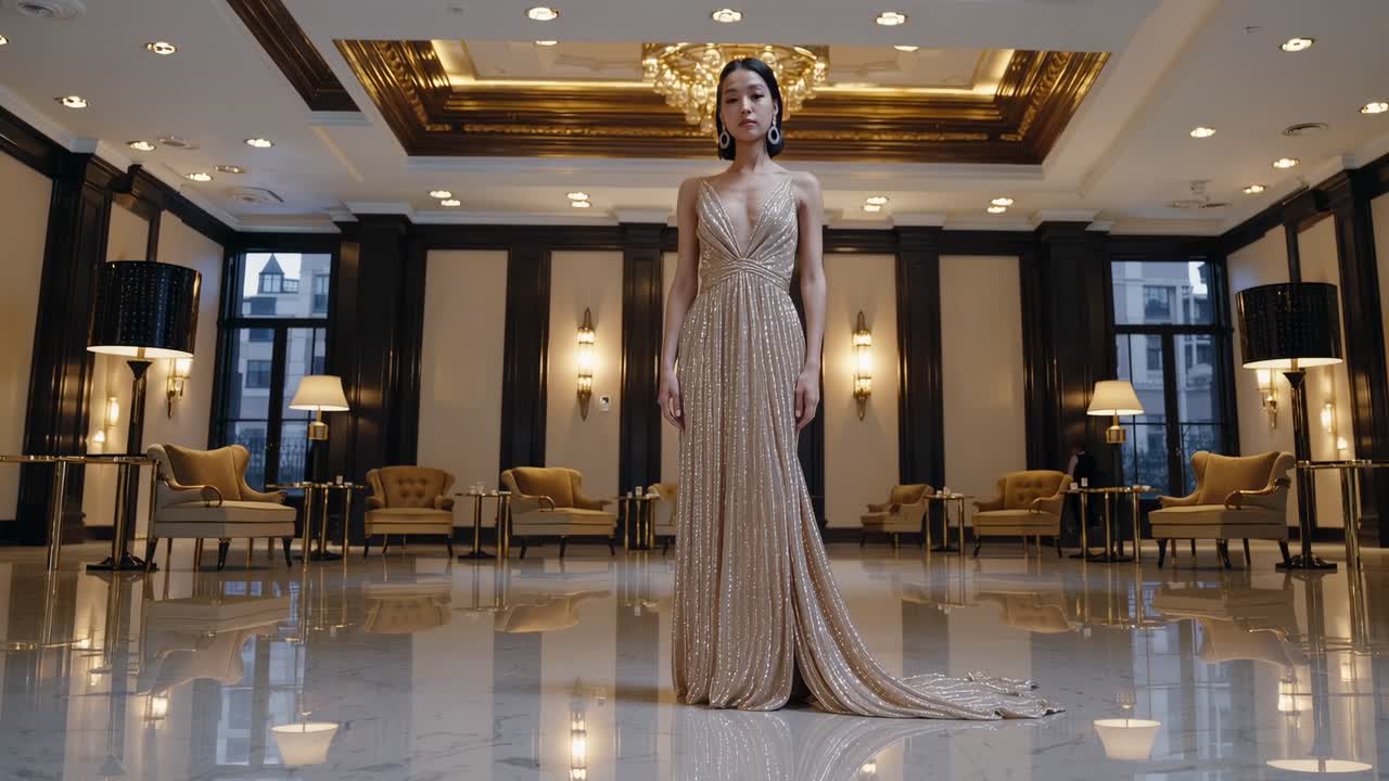 Elegant Woman in a Golden Sequin Gown in a Grand Ballroom