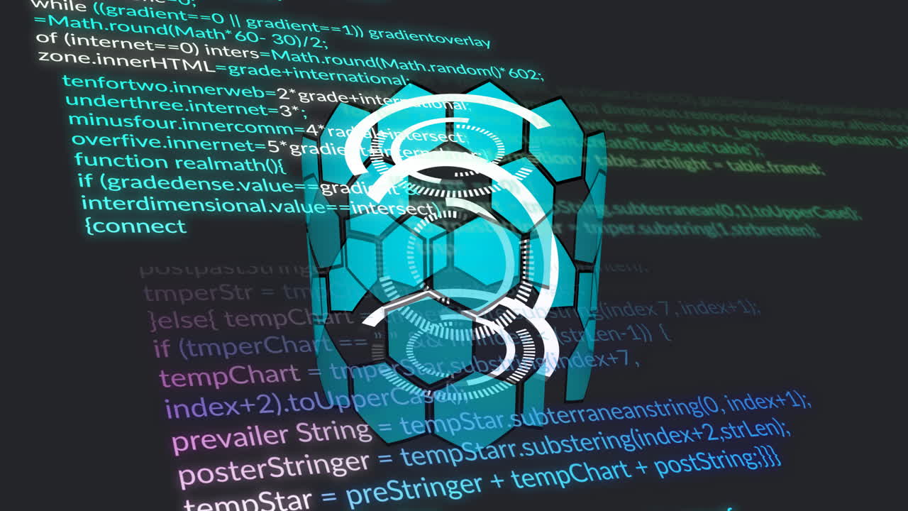 Animation of futuristic digital face with code overlaying hexagonal patterns