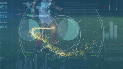 animación del procesamiento de datos con escaneo de alcance y puntos de luz sobre el jugador de fútbol masculino caucásico.