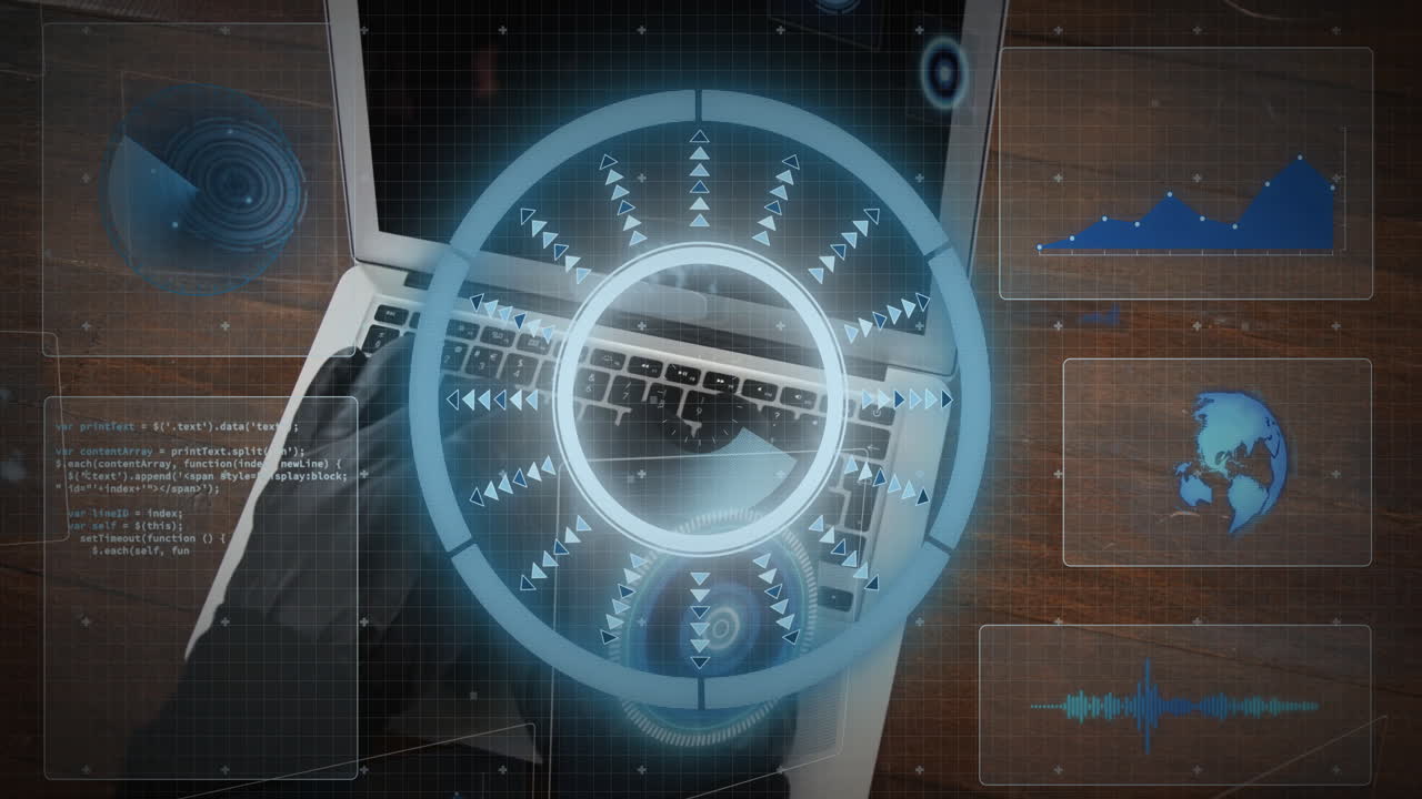 Futuristic data interface animation over person typing on laptop keyboard
