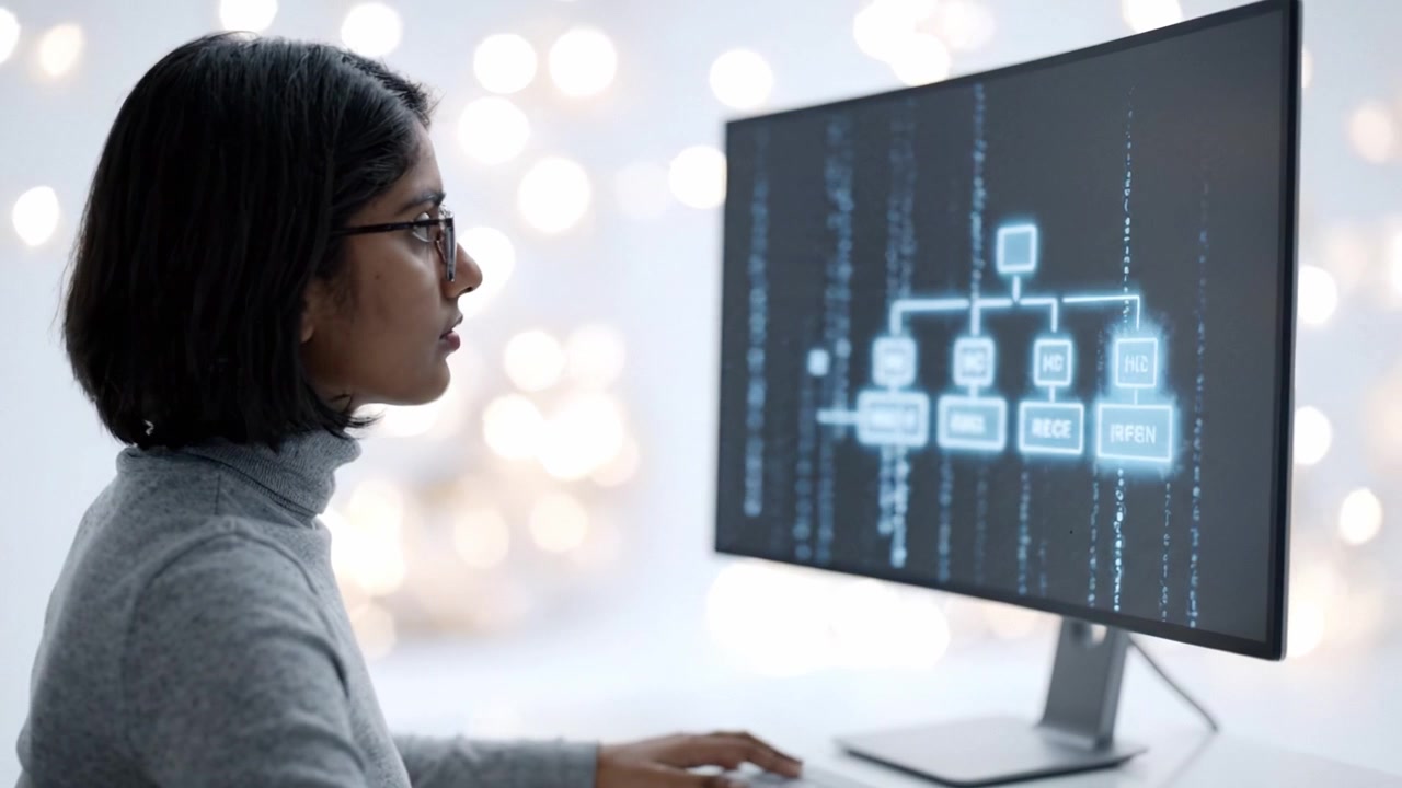 Fokuseret individ analyserer data på moderne computerskærm med rutediagramvisualisering i et lyst oplyst miljø fyldt med bokeh-baggrundseffekt.