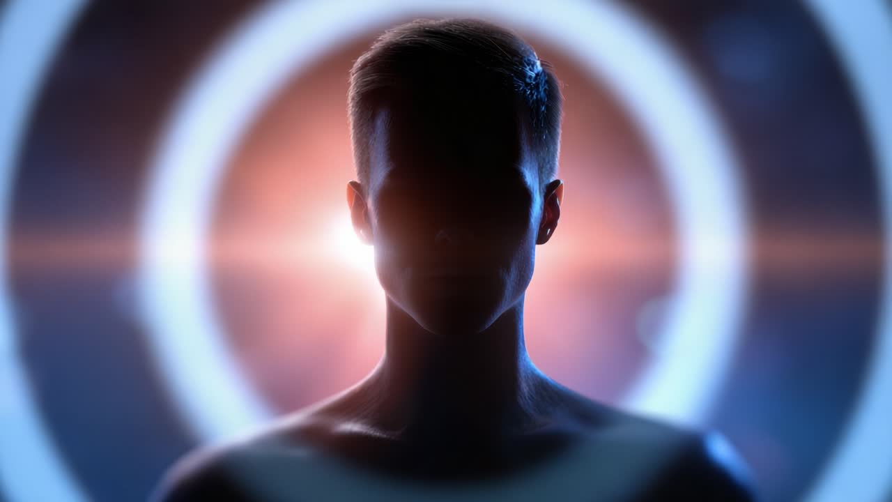 Silhouette misteriosa contro uno sfondo cosmico illuminata da luce intensa, evocando un senso di intrigo e profondità in un'atmosfera onirica