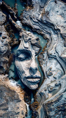 an abstract landscape featuring a human face beautifully integrated within natures embrace