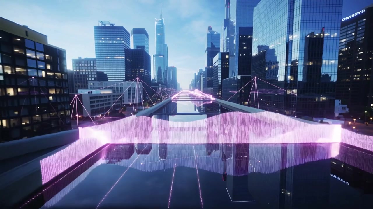 Forming magenta light network rising along shining canal in CBD at dusk mirroring rails and towers
