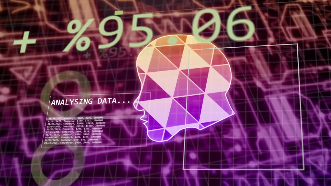 Upon data input, polygon head pulsing, shifting facets, updating percentages, showing processing