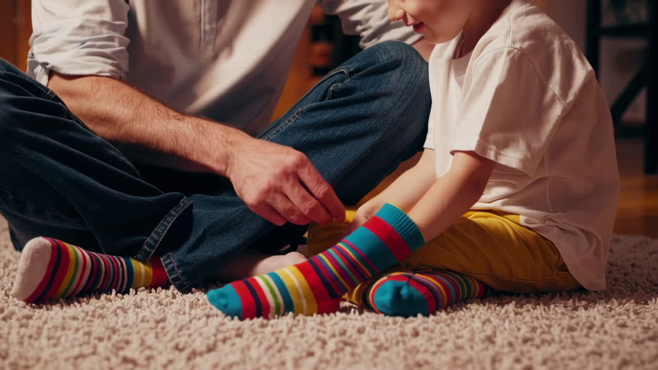 Father and child wearing colorful socks on the carpet