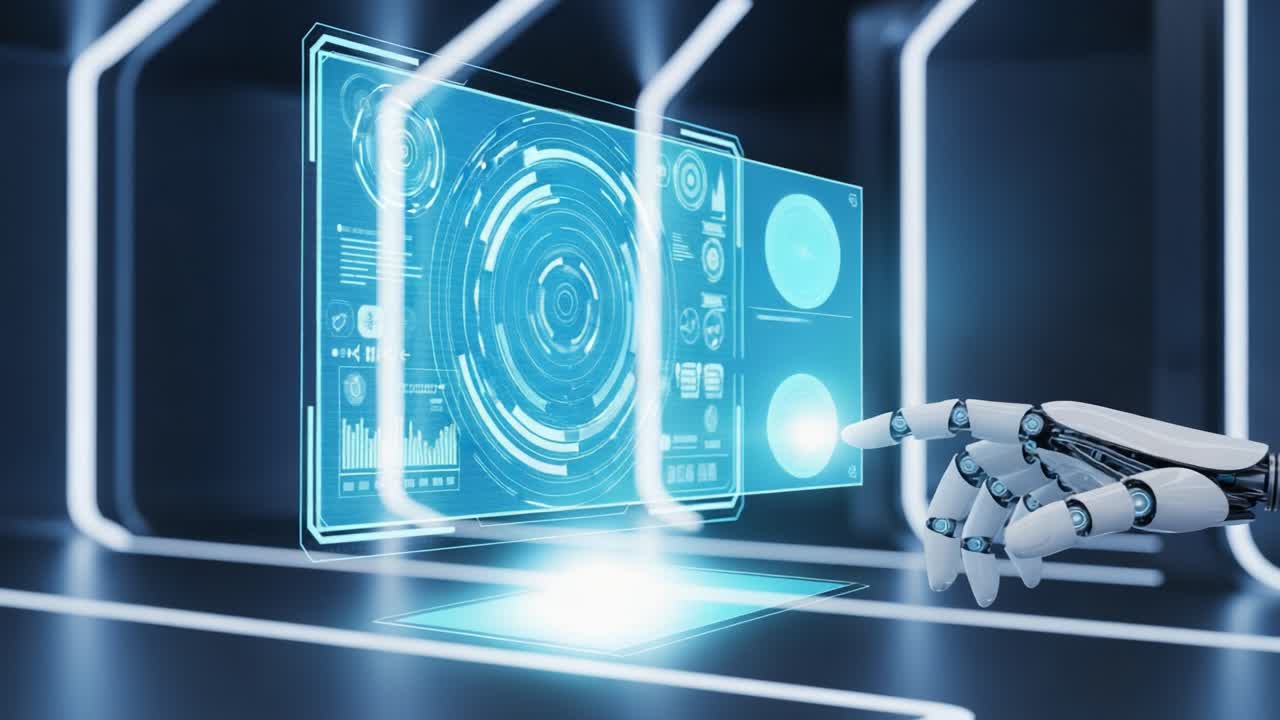 A Mechanical Hand Interacting with Holographic Interface Technology, Showcasing Advanced Robotics and Futuristic Display Features