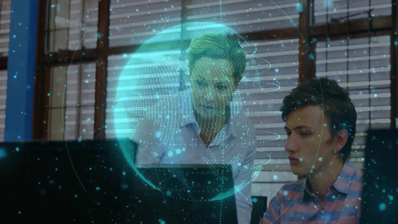 Woman entering and pointing at monitor causing globe overlay in education while mentoring boy