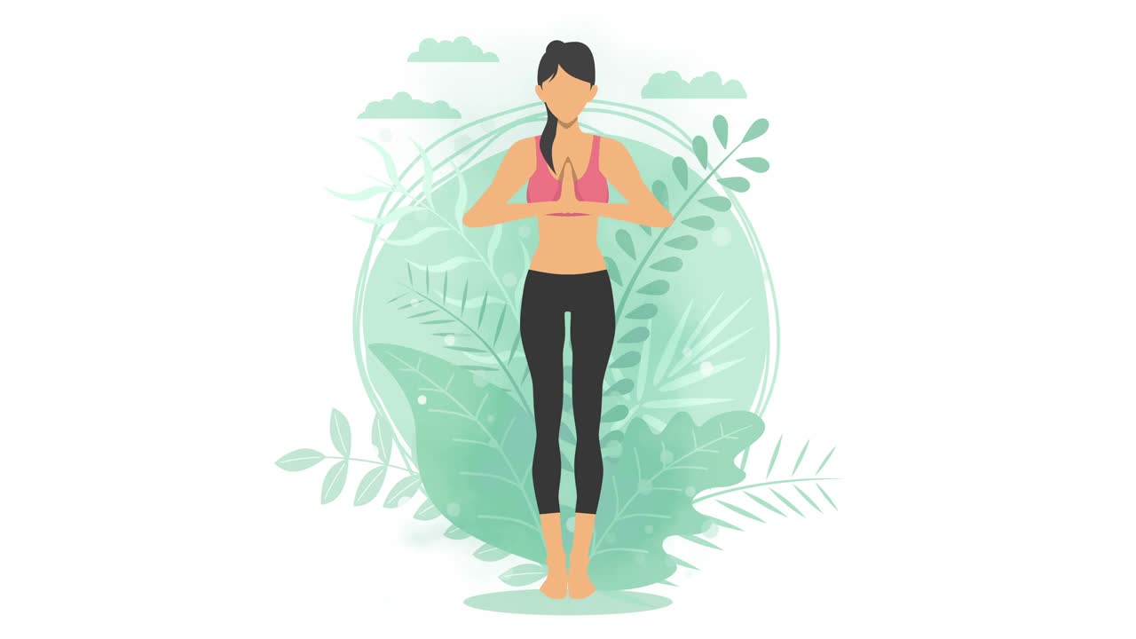 여성은 자연에서 요가 운동을합니다. 산 포즈. 요가 포즈를 보여주는 여성 만화 캐릭터. 건강한 라이프 스타일. 루프 애니메이션.