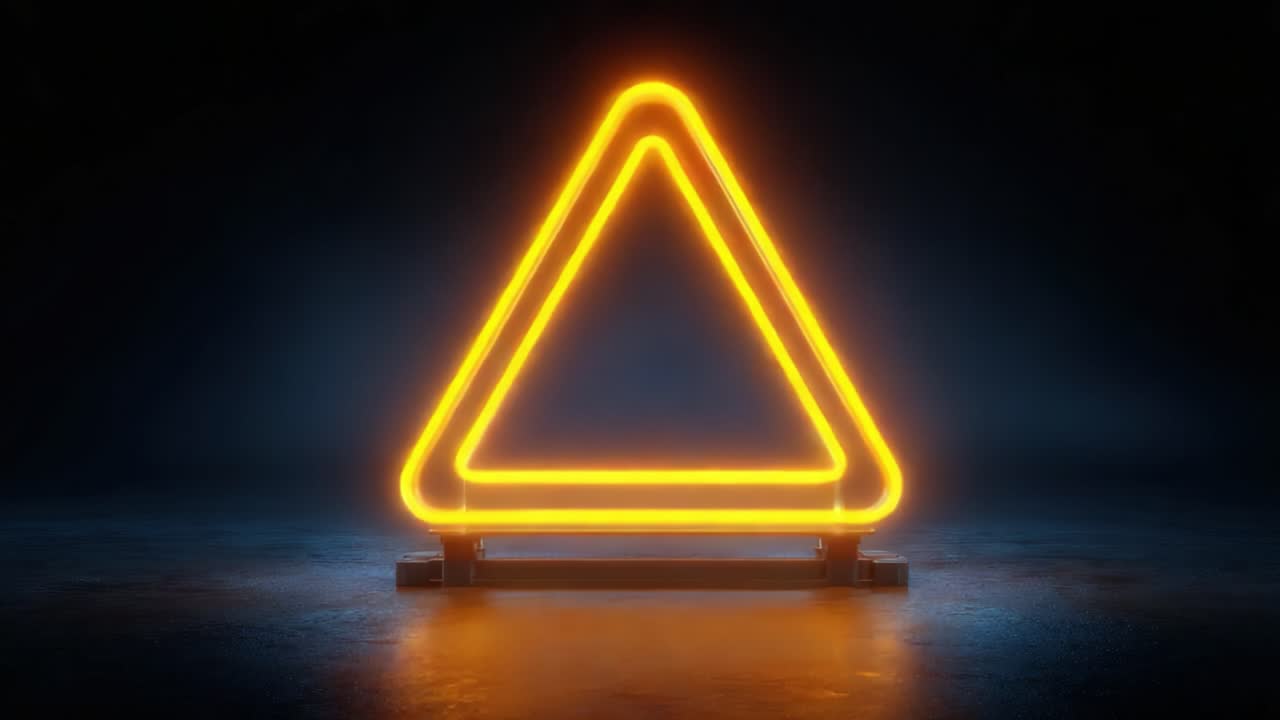 Illuminated Triangle Sign in Dark Environment: A Striking Visual Representation of Caution with Vibrant Orange Neon Lights Creating a Distinctive Display