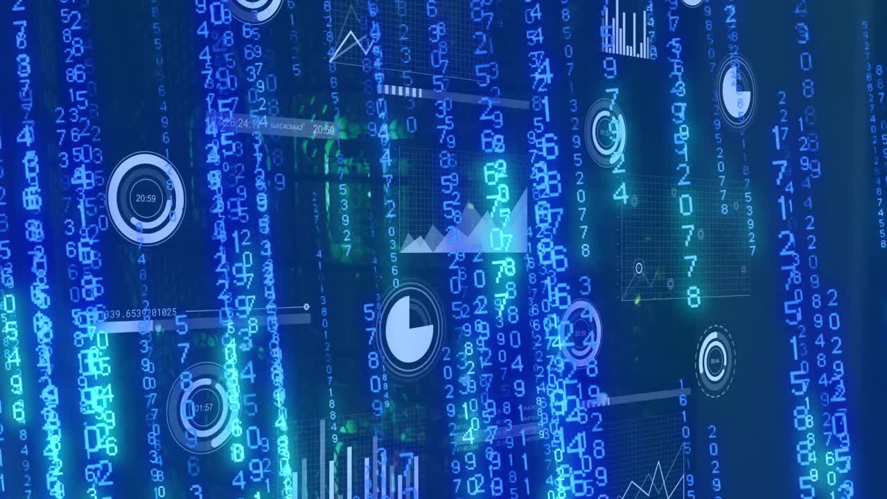 로딩 서클, 그래프 및 낙하하는 숫자의 애니메이션을 조명 데이터 서버 시스템에서