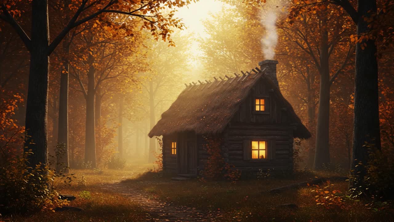 A Cozy Cabin Surrounded by Autumn Splendor: The Tranquil Beauty of a Forest Retreat Captured in Golden Leaves and Soft Light