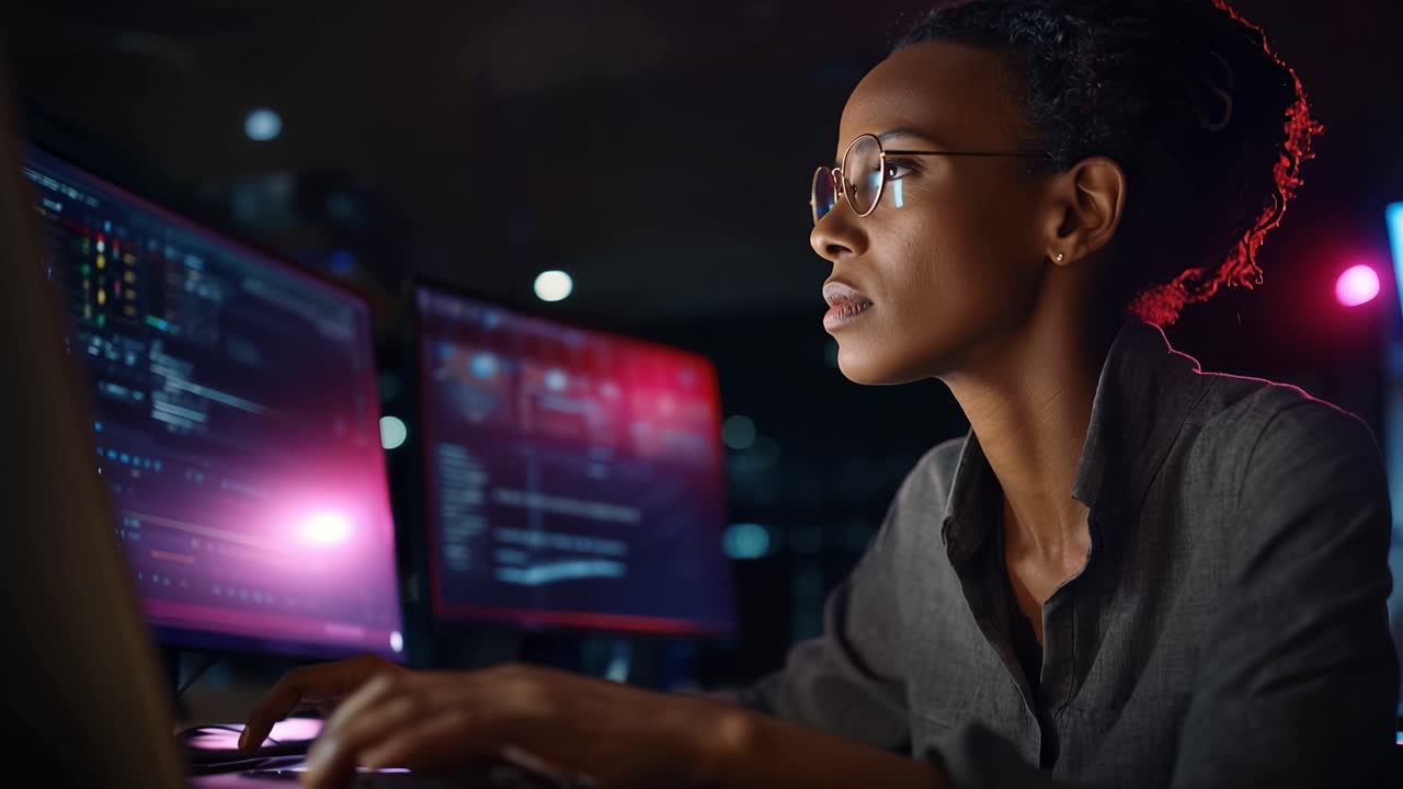 Focused Professional Analyzing Data on Multiple Monitors in a Darkened Room, Highlighting Concentration, Technology, and Modern Work Environments