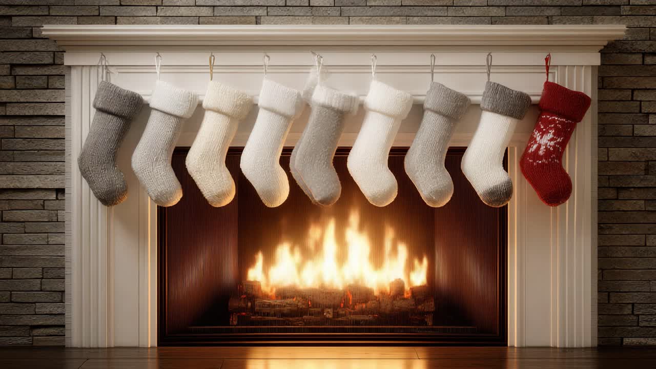 A Beautiful Display of Festive Stockings Hanging by the Fireplace, Illuminated by a Warm, Cozy Fire, Eliciting Holiday Cheer and Warmth in the Home
