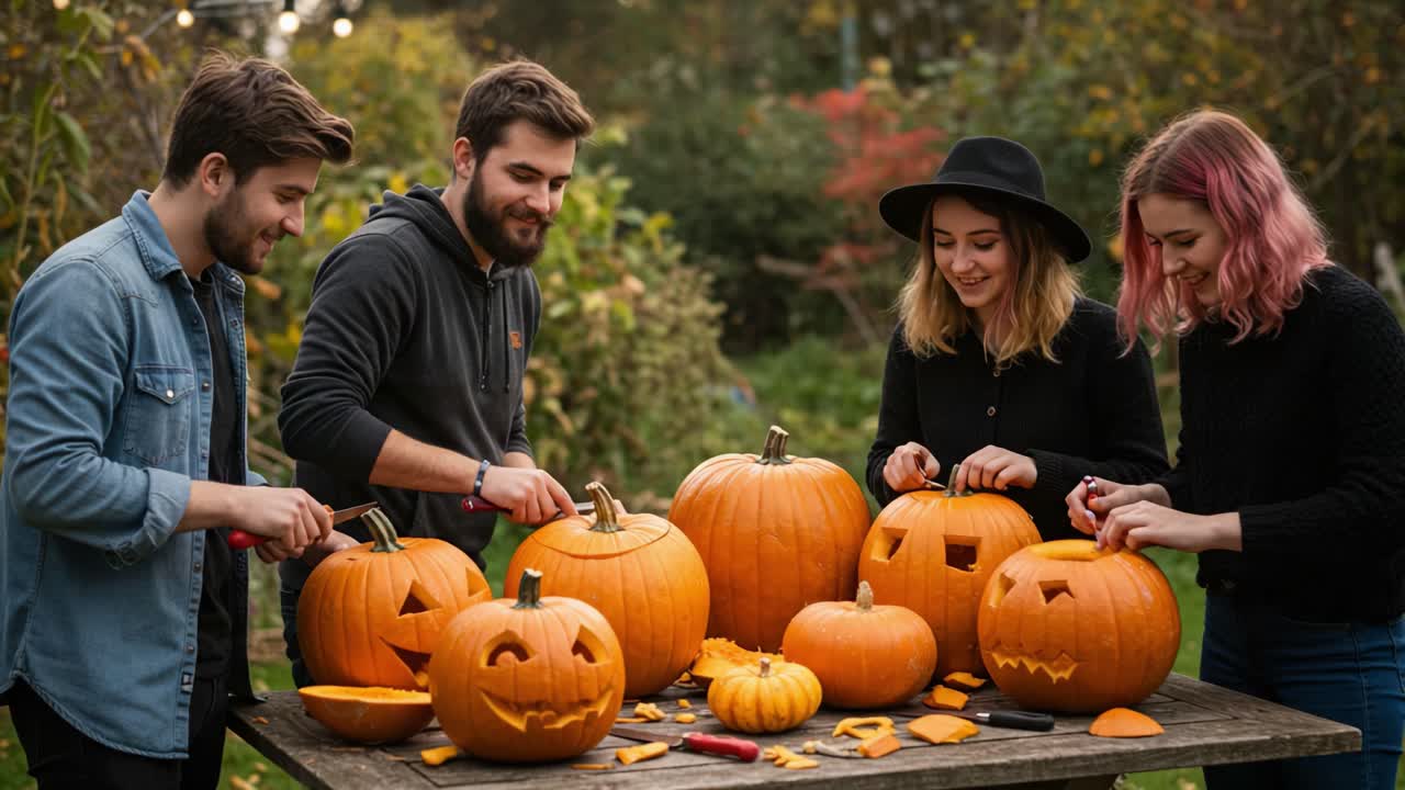 Friends Carving Halloween Pumpkins Outdoors