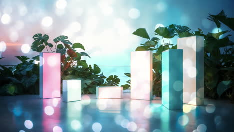 illuminated pillars and plants with bokeh background