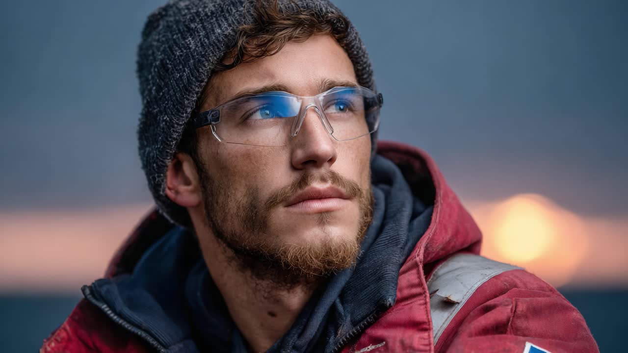 A Thoughtful Moment: A Young Man with Glasses and Beanie Reflecting Against a Calm Dusk Horizon, Capturing a Blend of Introspection and Surrounding Serenity