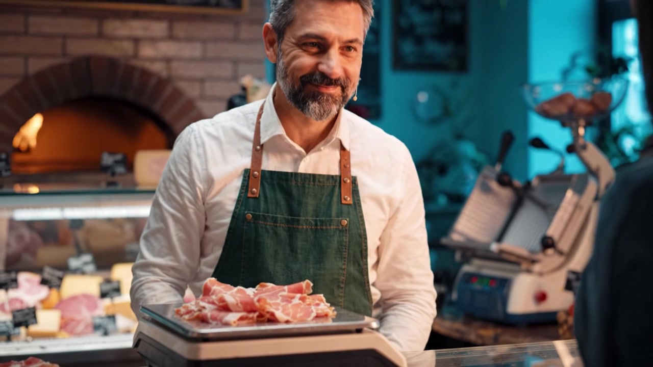 Un esperto salumiere affetta con maestria salumi pregiati con precisione in un'affascinante macelleria, offrendo un servizio eccezionale ai clienti in un'atmosfera accogliente.