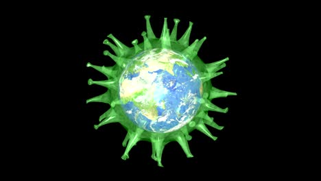 gran virus futurista verde girando con la tierra absorbida en el interior. coronavirus se extendió por todo el mundo concepto. abstracto animación de bucle sin costuras.