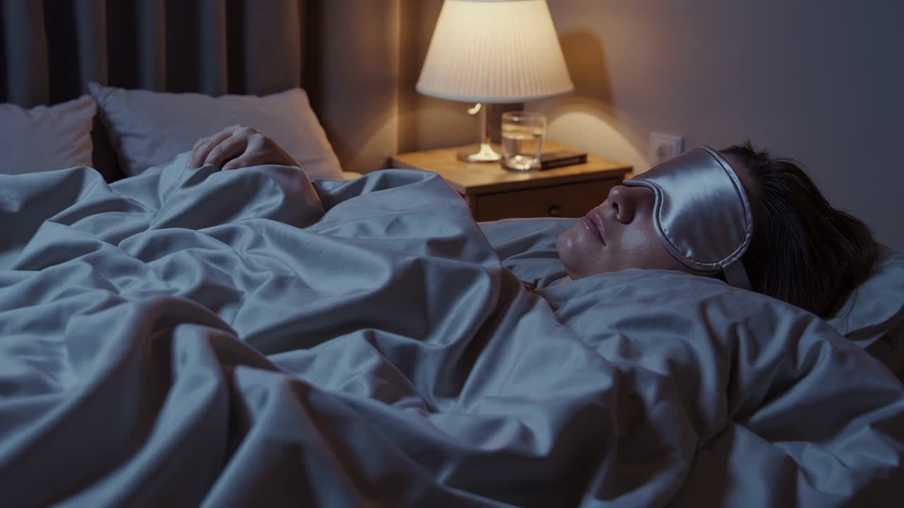 Woman sleeping soundly in bed with a sleep mask at night