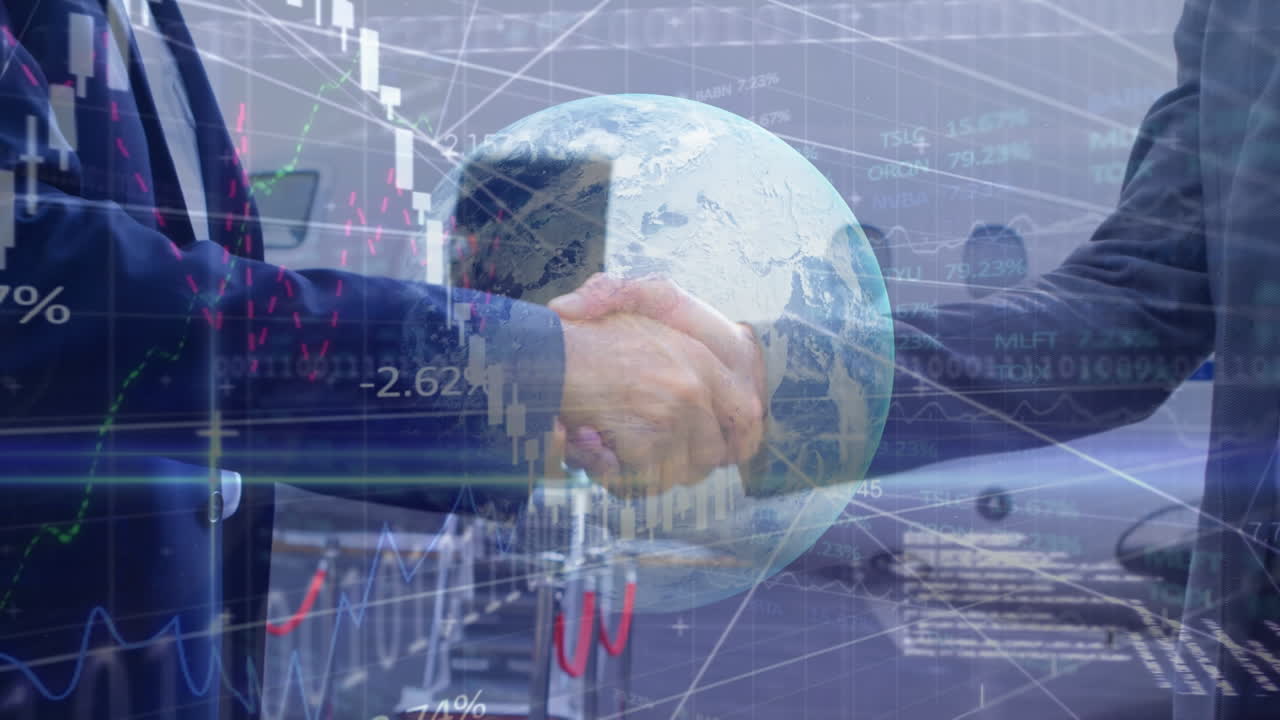 animación del globo y gráficos sobre diversos empresarios que se dan la mano