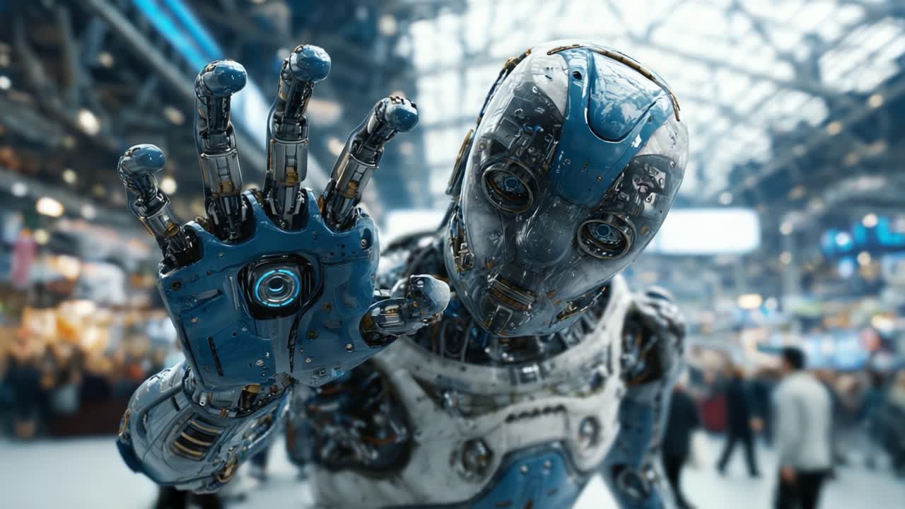 Robot futuristico in ambiente industriale: Un incontro intrigante con un essere meccanico che fonde tecnologia e umanità in uno spettacolo accattivante.