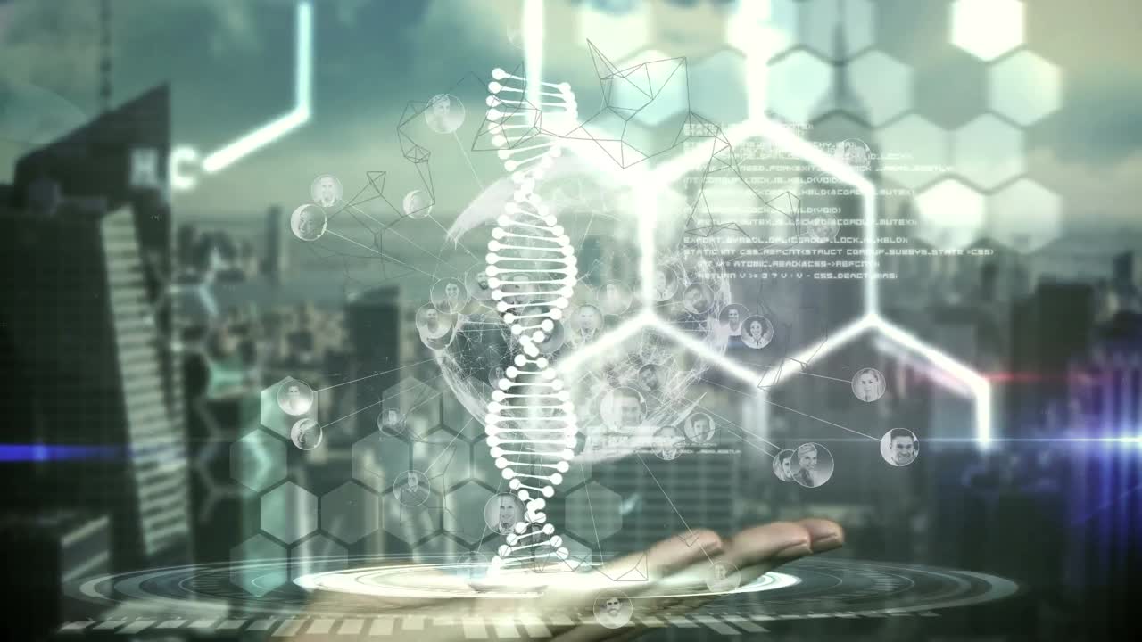 Animation of dna, hexagons, molecules and hand over cityscape