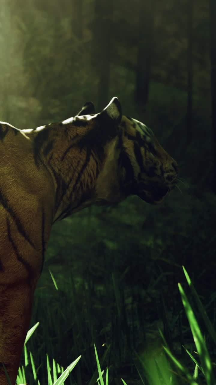 Harimau berjalan melalui rerumputan hijau di hutan saat siang hari.