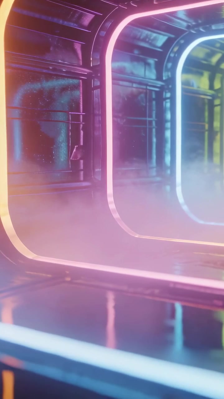 Video verticale: Telecamera che panoramica rivelando un corridoio ad arco al neon in un set con nebbia, mostrando un cambio di colore.