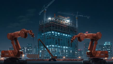 a futuristic construction site illuminated at night showcasing advanced machinery, including robotic arms and tower cranes operating on a high-rise building