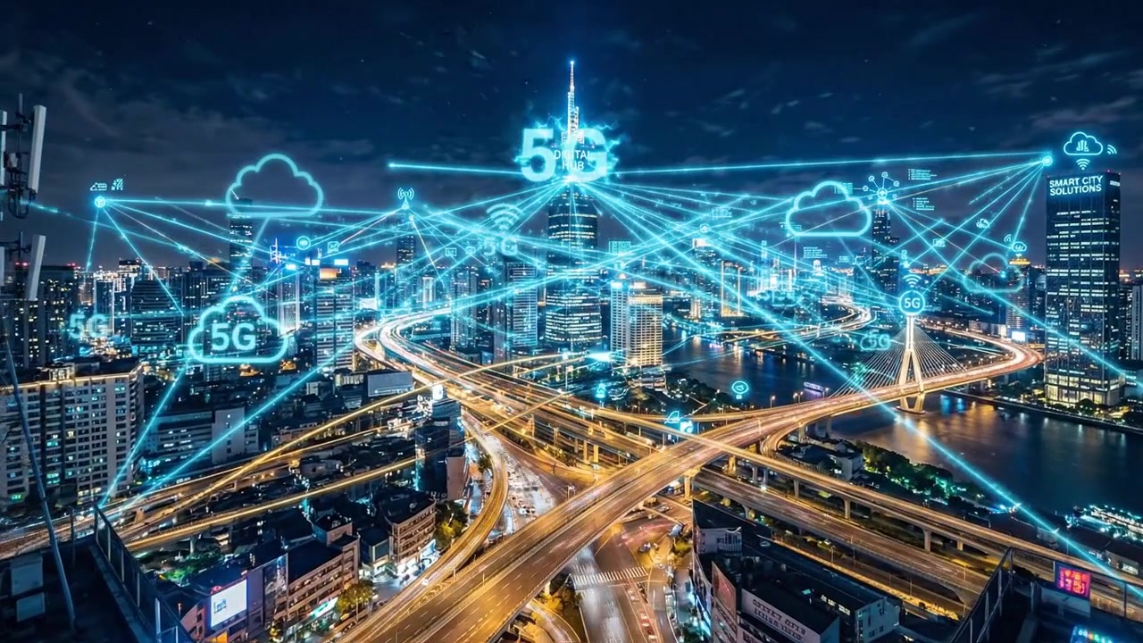 Connettività di rete digitale 5G sullo skyline di una città moderna di notte