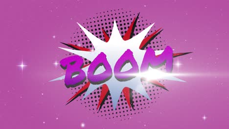 Animation-of-boom-text-over-stars-on-purple-background