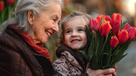 grandmother and grandchild with tulips