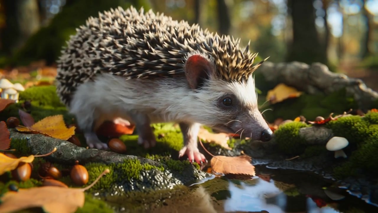 Igel betritt grüne Moosfläche, schnüffelt am Waldboden und taucht Pfote in Pfütze auf der Suche nach Wasser