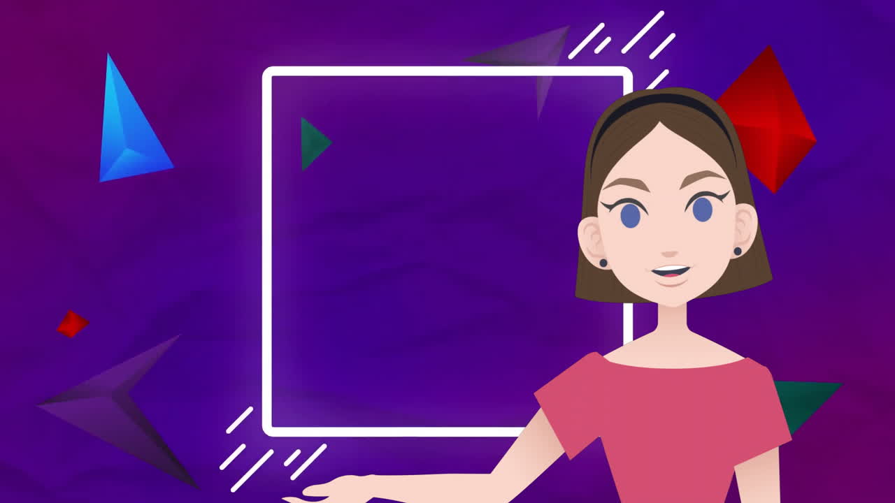 Animated woman presenting with geometric shapes on purple background animation