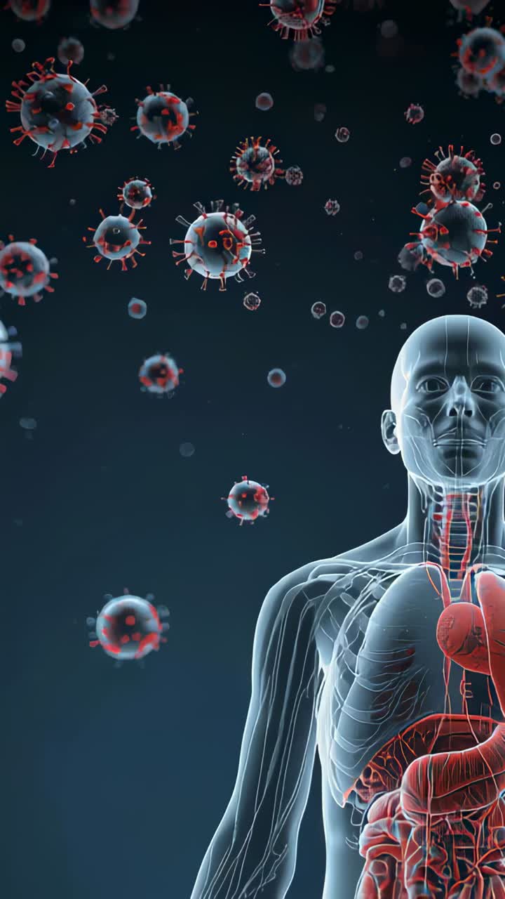 Vertical video: Floating viruses drifting around torso against dark showing red organs, copy space