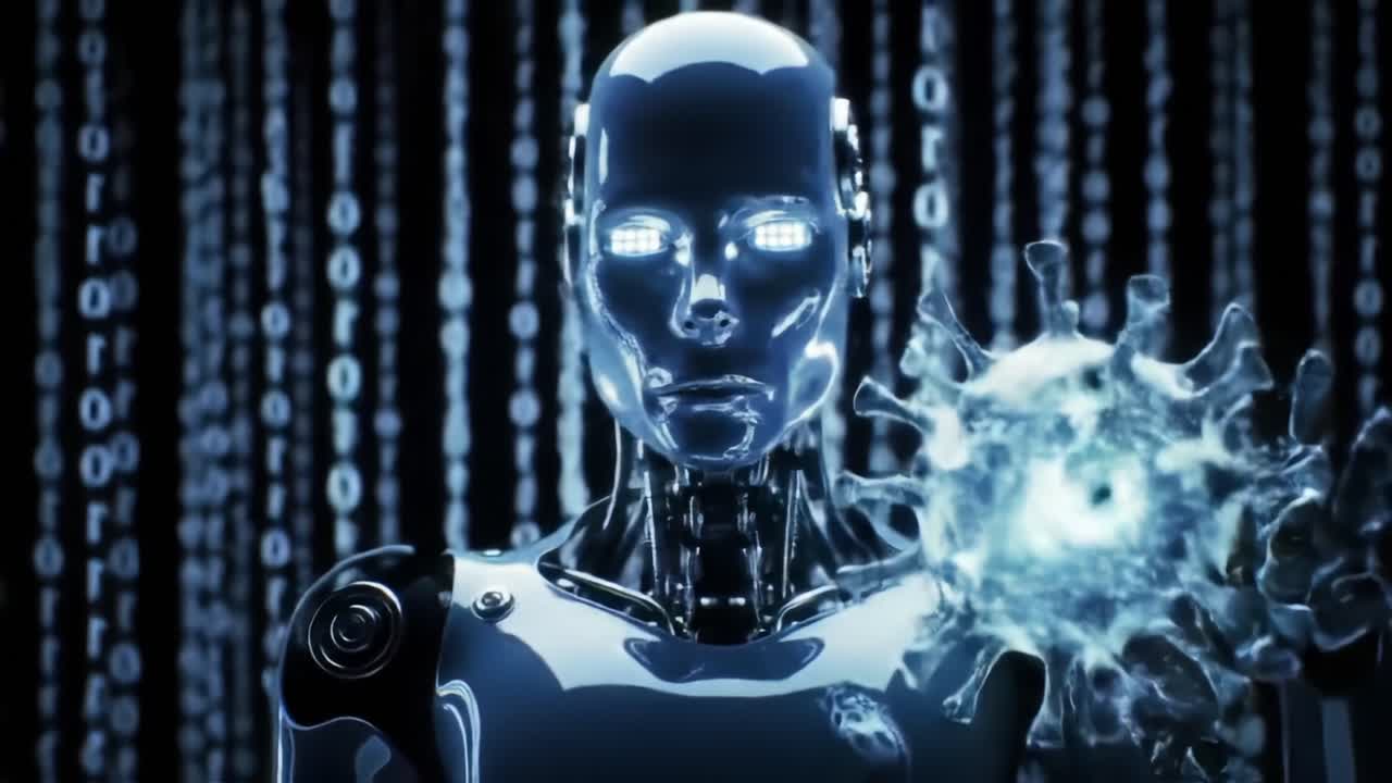 A Futuristic Robot Visualizing Data Manipulation and Viral Defense Amidst a Digital Matrix, Showcasing Advanced Technology and Artificial Intelligence Concepts