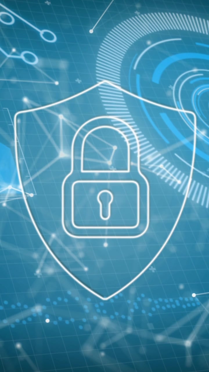 Animazione di connessioni, dati e scudo digitale con lucchetto su sfondo blu