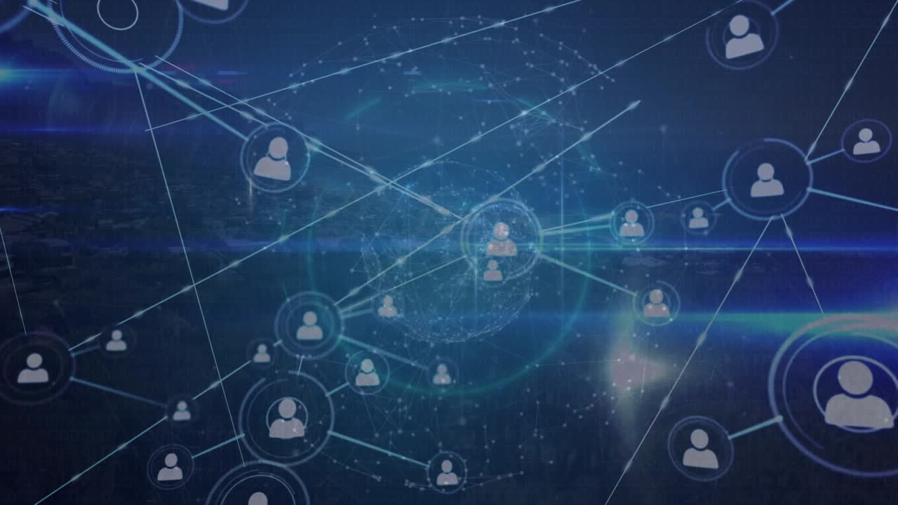 Animation of network of connections with icons over globe and landscape
