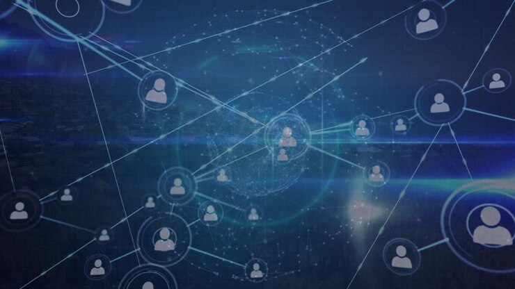 Animation of network of connections with icons over globe and landscape